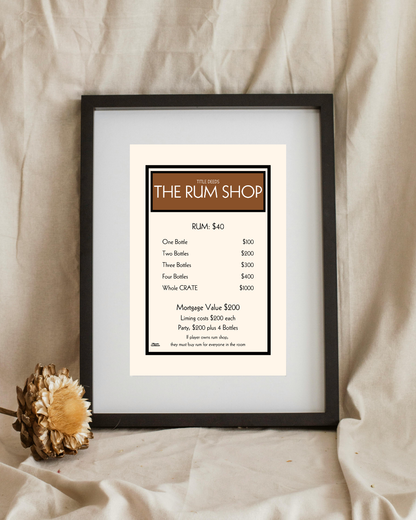 Framed print of 'The Rum Shop' menu on a beige fabric background